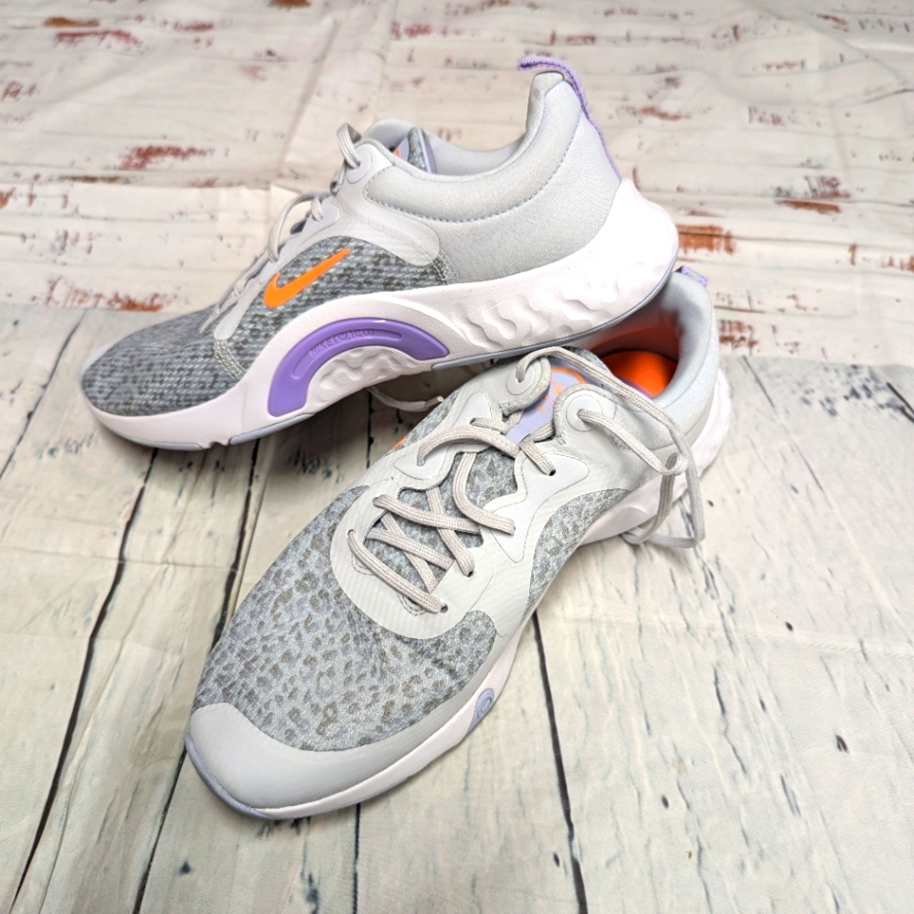 Nike Women's Gray White Athletic Sneakers with Purple and Orange Accents